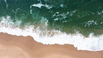 aéreo Visão do onda em a de praia com areia e turquesa ondas video