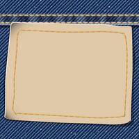 Blank leather badge on denim blue jean textile pattern background with gold seams and crease illustration. vector