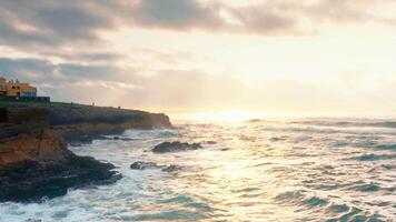 Aerial view of ocean horizon with sunset sky fly over. video