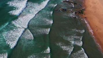 aéreo Visão do onda em a de praia com areia e turquesa ondas video