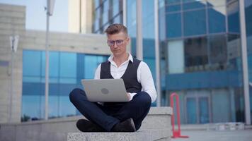 Business. Businessman Using Laptop Outdoor Adult Caucasian Male Business Person Eyeglasses Watching Notebook video