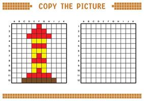 Copy the picture, complete the grid image. Educational worksheets drawing with squares, coloring cell areas. Children's preschool activities. Cartoon, pixel art. Lighthouse tower illustration. vector