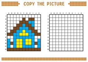 Copy the picture, complete the grid image. Educational worksheets drawing with squares, coloring cell areas. Children's preschool activities. Cartoon, pixel art. House illustration. vector