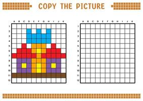 Copy the picture, complete the grid image. Educational worksheets drawing with squares, coloring cell areas. Children's preschool activities. Cartoon, pixel art. Royal building illustration. vector