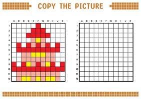 Copy the picture, complete the grid image. Educational worksheets drawing with squares, coloring cell areas. Children's preschool activities. Cartoon, pixel art. Temple illustration. vector