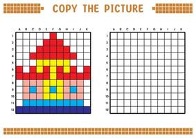Copy the picture, complete the grid image. Educational worksheets drawing with squares, coloring cell areas. Children's preschool activities. Cartoon, pixel art. Castle illustration. vector