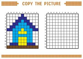 Copy the picture, complete the grid image. Educational worksheets drawing with squares, coloring cell areas. Children's preschool activities. Cartoon, pixel art. House illustration. vector