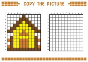 Copy the picture, complete the grid image. Educational worksheets drawing with squares, coloring cell areas. Children's preschool activities. Cartoon, pixel art. House illustration. vector