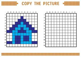 Copy the picture, complete the grid image. Educational worksheets drawing with squares, coloring cell areas. Children's preschool activities. Cartoon, pixel art. House building illustration. vector