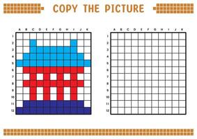 Copy the picture, complete the grid image. Educational worksheets drawing with squares, coloring cell areas. Children's preschool activities. Cartoon, pixel art. Temple gate illustration. vector