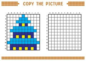 Copy the picture, complete the grid image. Educational worksheets drawing with squares, coloring cell areas. Children's preschool activities. Cartoon, pixel art. Temple building illustration. vector