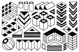 Abstract isometric black and white geometric design elements. Set of three dimensional triangular, rectangular forms and shapes isolated on white background. vector