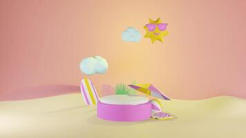 3d animación verano ventas social medios de comunicación enviar modelo con podio en isla o playa, adecuado para viaje agencia o producto Campaña video