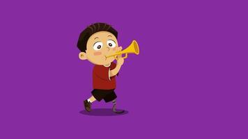 Boy walking with trumpet. Animation of music parade cartoon character video