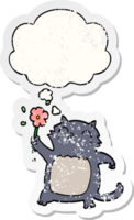 tecknad serie katt med blomma och trodde bubbla som en bedrövad bärs klistermärke png