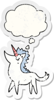 cartoon unicorn and thought bubble as a distressed worn sticker png