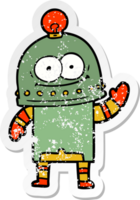 distressed sticker of a happy carton robot with light bulb png