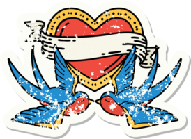 distressed sticker tattoo in traditional style of swallows and a heart with banner png