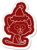 quirky cartoon sticker of a sitting dog with tongue sticking out wearing santa hat png