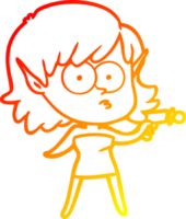 warm gradient line drawing of a cartoon elf girl with ray gun png