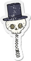 retro distressed sticker of a cartoon spooky skull in top hat png