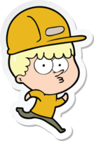 sticker of a cartoon man in builders hat running png