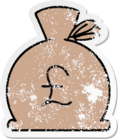 distressed sticker of a cute cartoon bag of money png