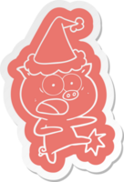 quirky cartoon sticker of a pig shouting and kicking wearing santa hat png