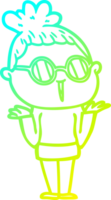 cold gradient line drawing of a cartoon shrugging woman wearing spectacles png