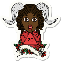 sticker of a tiefling with natural twenty dice roll png