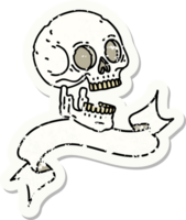 worn old sticker with banner of a skull png