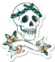 worn old sticker with banner of a skull with laurel wreath crown png