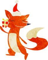 hand drawn retro cartoon of a happy fox wearing santa hat png