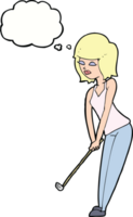 dessin animé femme jouant au golf avec bulle de pensée png