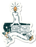 worn old sticker of a tattoo style candle melting on book png