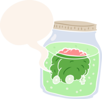 cartoon spooky brain floating in jar with speech bubble in retro style png