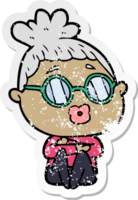 distressed sticker of a cartoon sitting woman wearing spectacles png