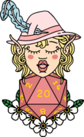 Retro Tattoo Style elf bard character with natural twenty dice roll png
