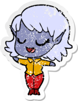 distressed sticker of a happy cartoon elf girl png