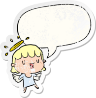 cute cartoon angel with speech bubble distressed distressed old sticker png