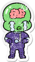 distressed sticker of a cartoon big brain alien crying png