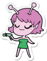 sticker of a smiling alien girl cartoon pointing ray gun png
