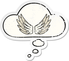 dessin animé ailes symbole avec pensée bulle comme une affligé usé autocollant png