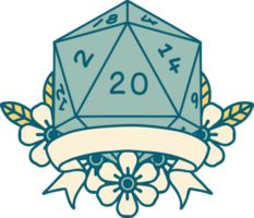 Retro Tattoo Style natural 20 critical hit D20 dice roll png