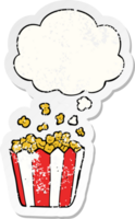 dessin animé pop corn avec pensée bulle comme une affligé usé autocollant png