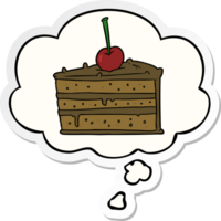 cartone animato cioccolato torta con pensato bolla come un' stampato etichetta png