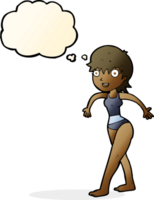 cartoon happy woman in swimming costume with thought bubble png