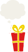 cartoon wrapped gift with thought bubble in retro style png