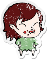 distressed sticker of a cartoon vampire girl with blood on cheek png