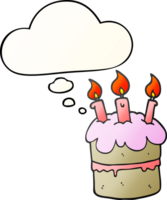 dibujos animados cumpleaños pastel con pensamiento burbuja en suave degradado estilo png